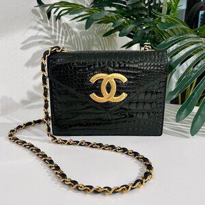 Chanel Vintage Black Crocodile & Gold CC Logo Envelope Flap Bag